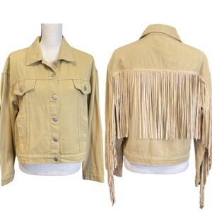 Le Lis‎ Tan Fringe Country Western Boho Festival Denim Jacket Women's Medium